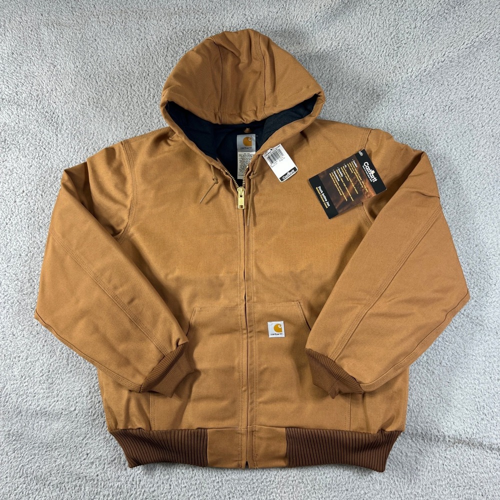Carhartt Duck Active Jac Mens Medium Brown Quilted Flannel Lined Hooded NWT